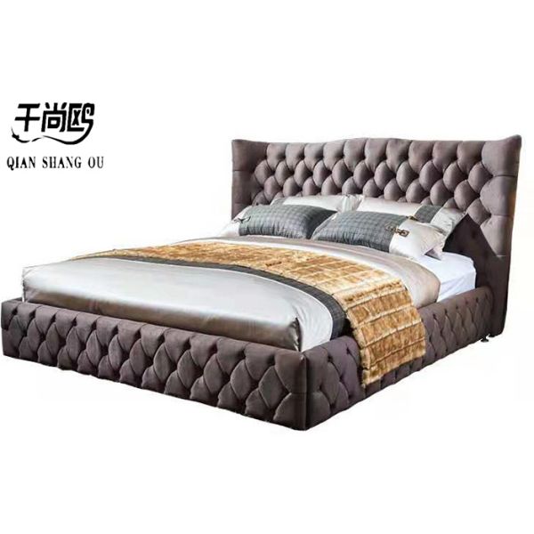 American Style Brown Leather Velvet Fabric Bed , Wooden Frame King Size Bed
