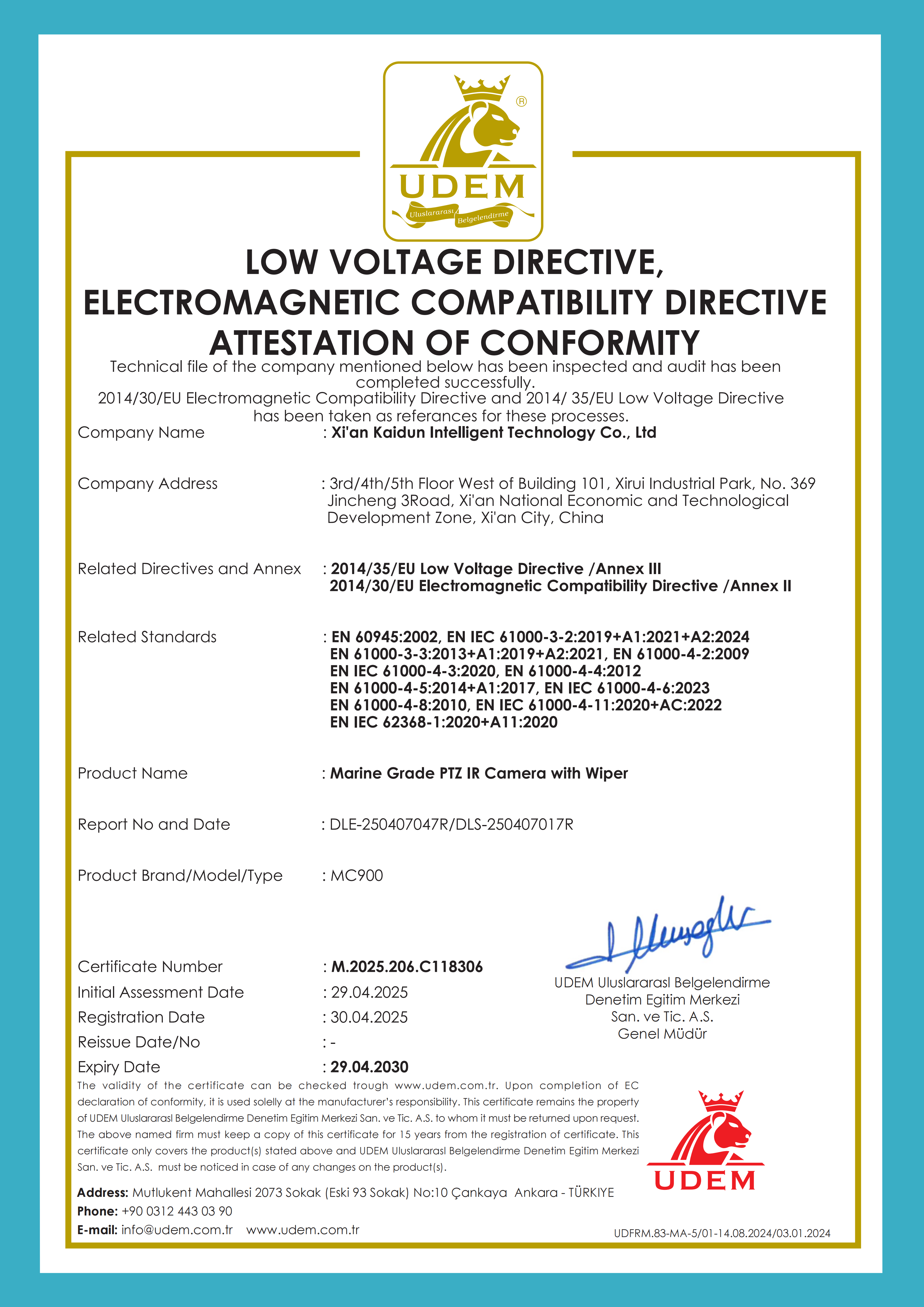 Xi An Kaidun Intelligent Technology Co., Ltd. Certifications