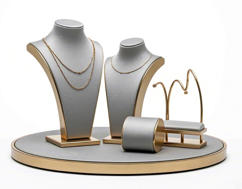 Modern Durable High Quality Jewelry Display Stand Set Gray Velvet Gold Metal Frame for Retail Shop