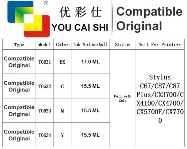 100% Brand New for epson T0631 T0632 T0633 T0634 Color ink cartridge For EPSON Stylus C67 C87 CX3700 CX4100 CX470