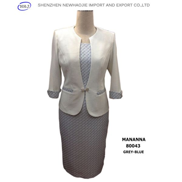 Grey-blue/pink collarless blended woven ladies dress suit