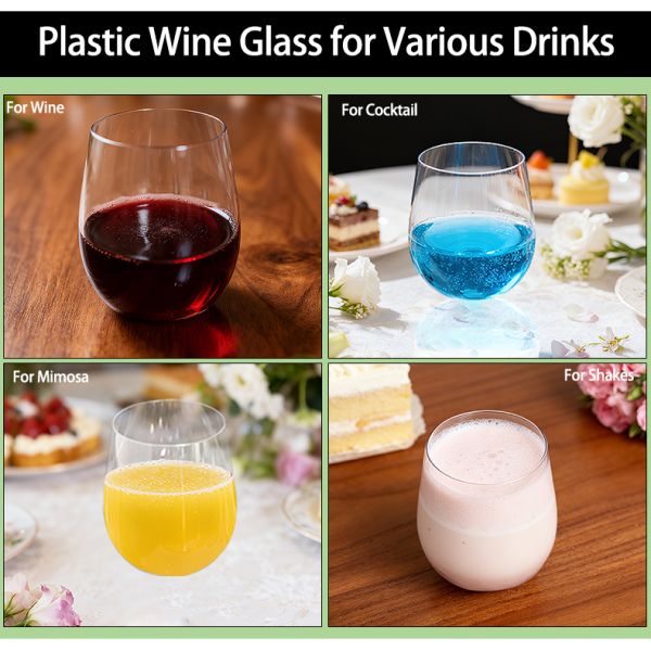 Clear Plastic Wine Cup 12Oz Unbreakable & Crystal Plastic Stemless Champagne Glasses for Parties Weddings