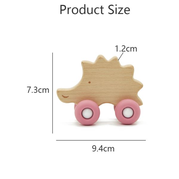 Beech Wood Hedgehog Car Personalised Baby Rattle Food Grade Silicone