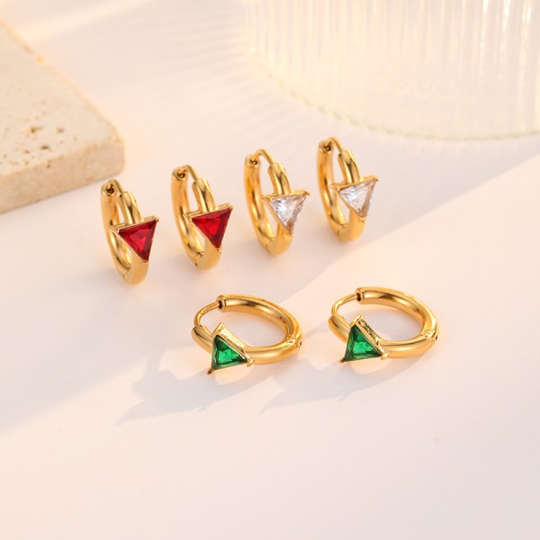 Stainless Steel Triangular Red and Green Transparent Zircon PVD 18K Gold Hoop Earrings for Women Jewelry Earrings