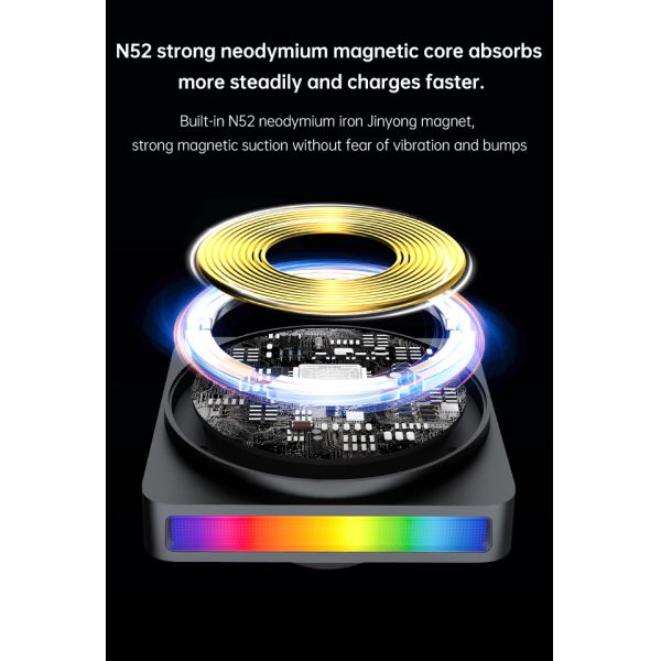 Cargador inalámbrico de automóviles de 9 colores, cargador inalámbrico de carga rápida de 15w Placa de metal Tecnología de sonido negra