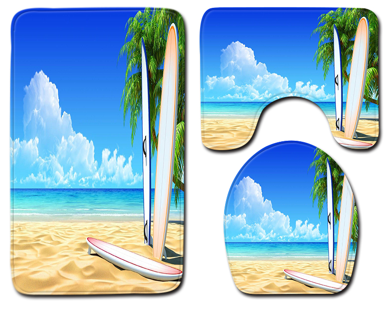 Washable 3 Piece Toilet Mat Set Sea And Sand Beach Scene Bath Mat