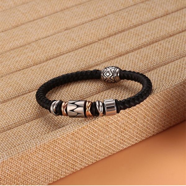 High Quality Mens Stainless Steel Real Leather Bracelet Wholesale