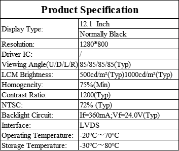 Custom Logo 12.1 Inch Industrial IPS TFT LCD Display 500cd/M2 Wide Viewing Angle