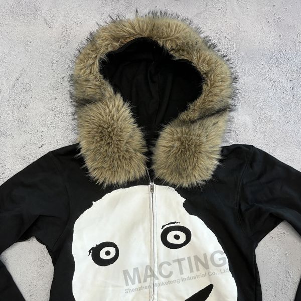 Custom Winter Thick Faux Fur Hooded Zip Up Hoodie in Boxy Cropped Zipper Jacket Style for Men