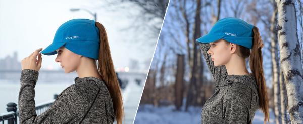 Fleece Ponytail Hat for Women Reflective Winter Hat with Drop Down Ear Warmer