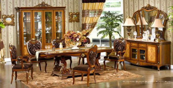 Wooden Carved Flower 6 Seater Dining Table And Chairs ISO14001 European Antique