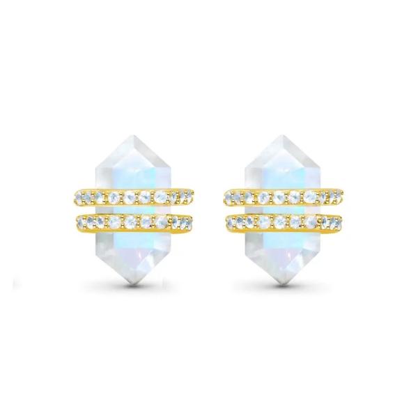925 Sterling Silver Natural Stone Jewelry Hexagon Cut Blue Rainbow Moonstone Stud Earrings