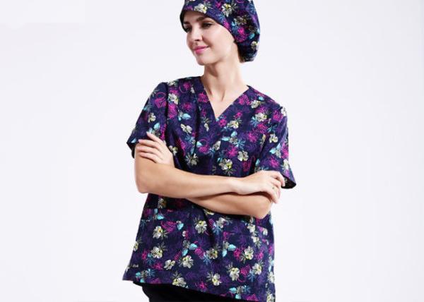 V Neck Printing Scrubs Medical Uniforms , Fancy Pattern Cool Medical T Shirts
