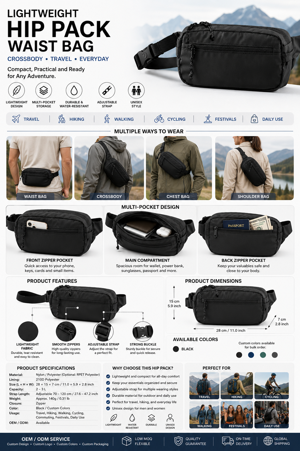 Lightweight Crossbody Hip Pack Waist Bag for Men and Women, Multi-Pocket Travel Sling Bag for Hiking, Walking, Commuting & Everyday Use