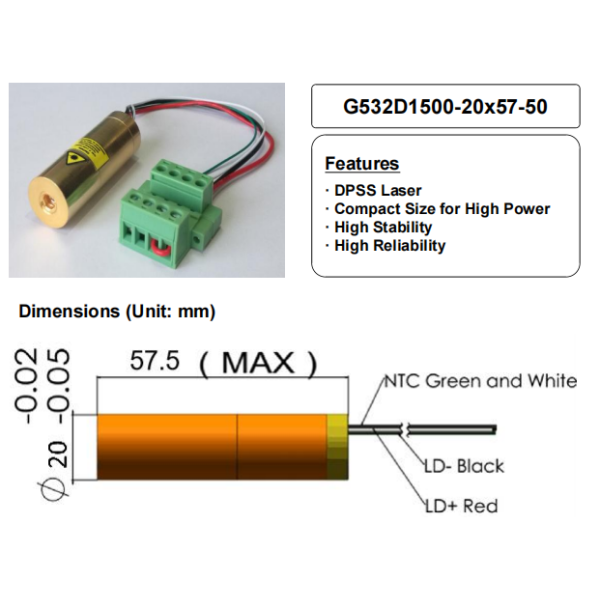 ACC Green 532nm Laser Module 1500mW Compact Size for High Power Laser Components