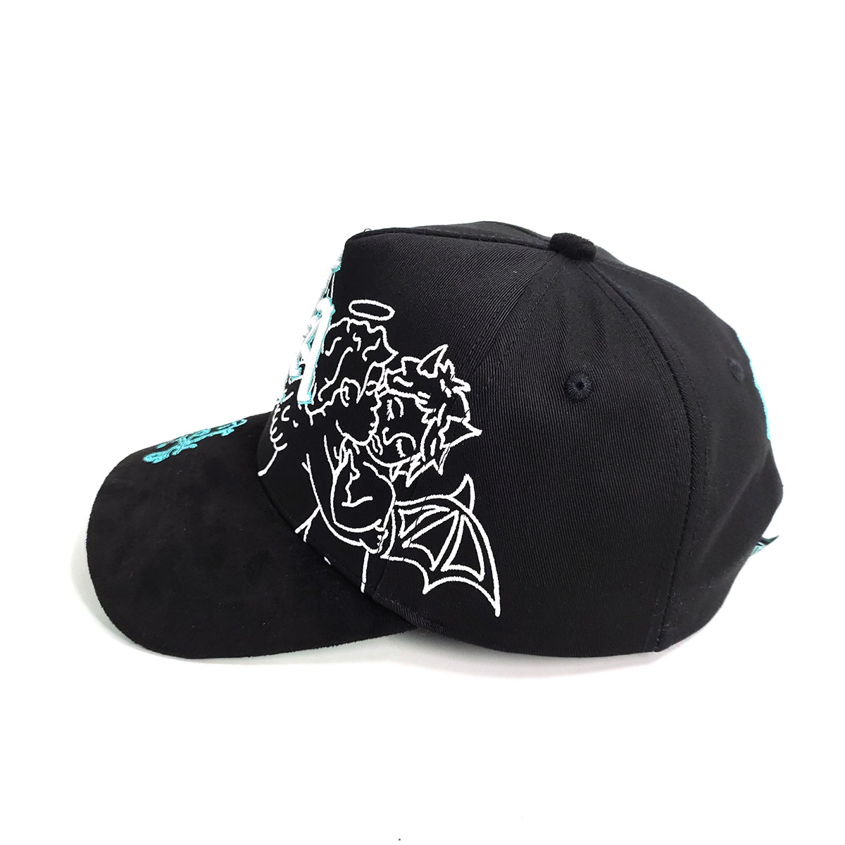 3D Embroider Logos Brim Baseball Caps Cotton And Suede Custom Interior Tape 5 Panels Back Tag Full Black