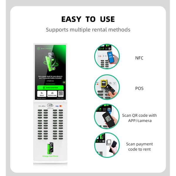 48 Slots Portable Public Phone Charging Station 43-Inch LED Touch Screen Fast Charging USB Port Micro Rental Power Bank