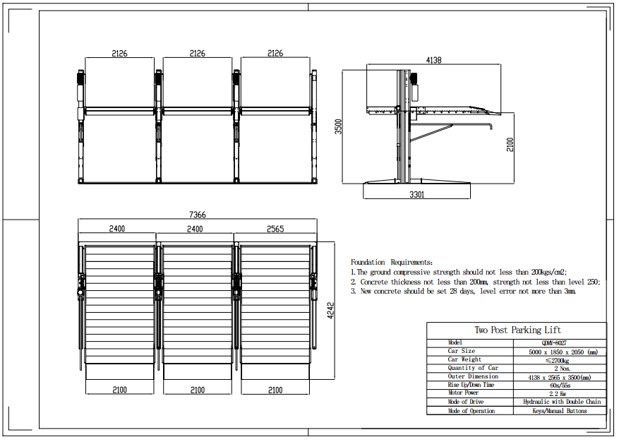QDMY-8023 8027 8032 Two Post Car Parking Lifts/Car Storage Lift
