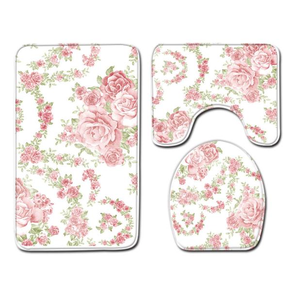 Rose Pattern Toilet Mat Set Polyester Fiber Toilet Lid Cover Set