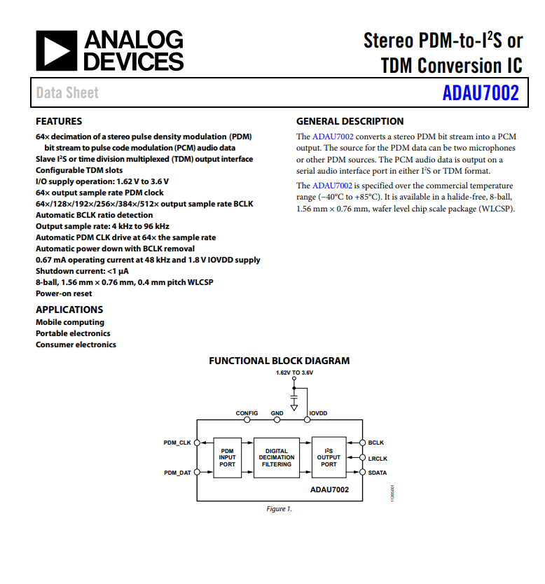 ADAU7002ACBZ-RL Конвертер скорости проб аудио 2-канала 8-WLCSP (0.76x1.56)