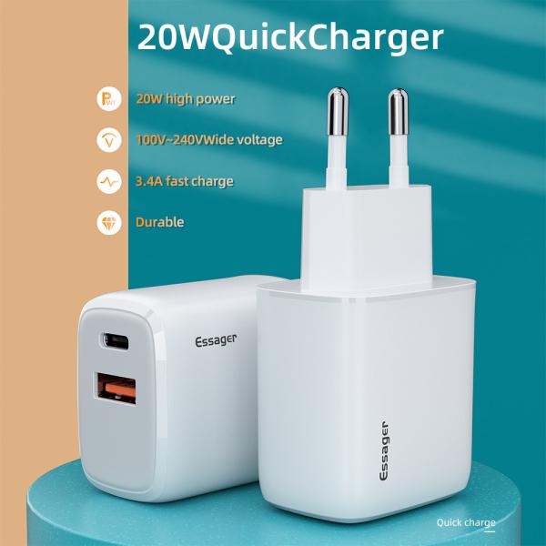 Essager 2021 YuRoom PD QC 20W Mobile Chargers USB Type C Charger Cable USB 100-240V PD Wall Charger