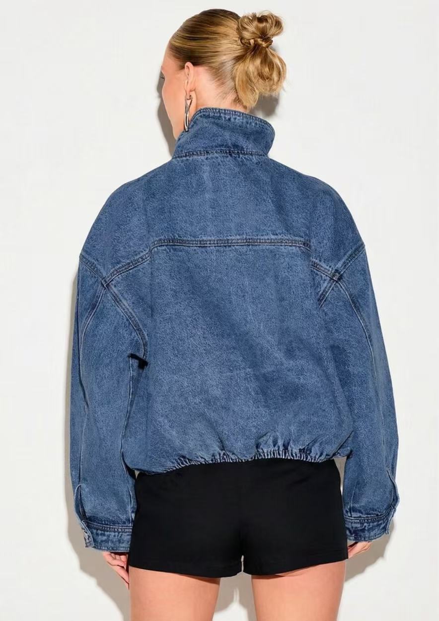 Women's Premium Denim Bomber Jacket with High Stand Collar and Oversized Relaxed Fit