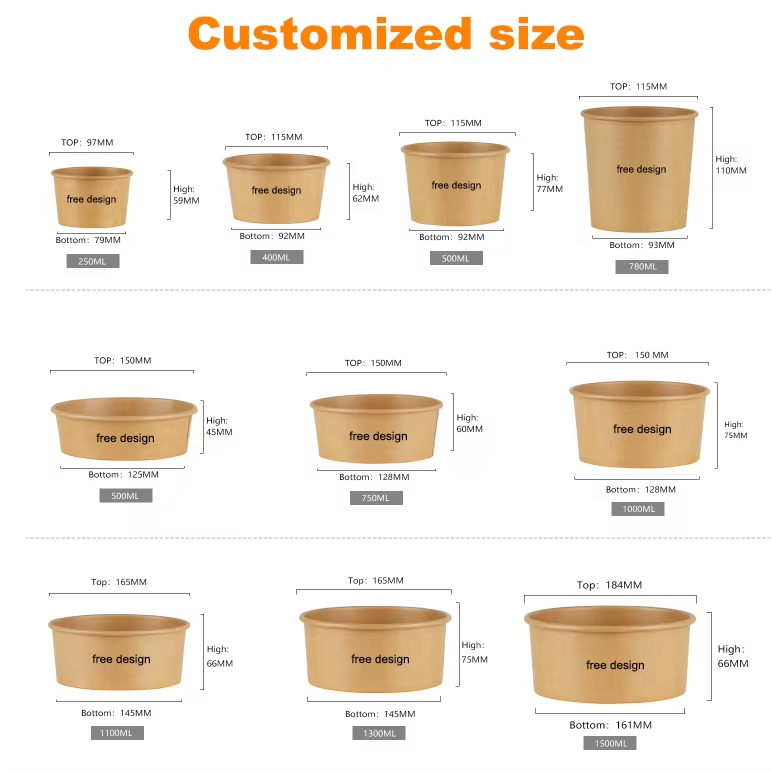 Eco-Friendly Custom Logo Kraft Paper Bowls  Recyclable Disposable Takeout Containers for Food Packaging