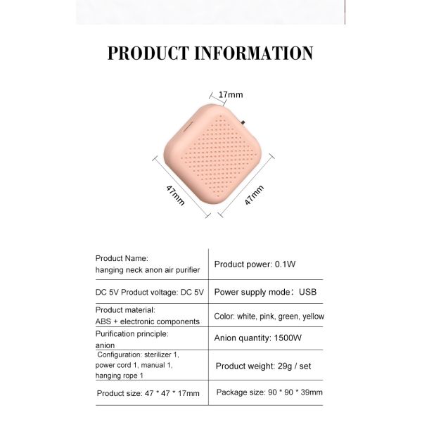 Épurateur négatif Hang Around Neck Wearable 50m3/H d'Ion Portable Air Purifier Air