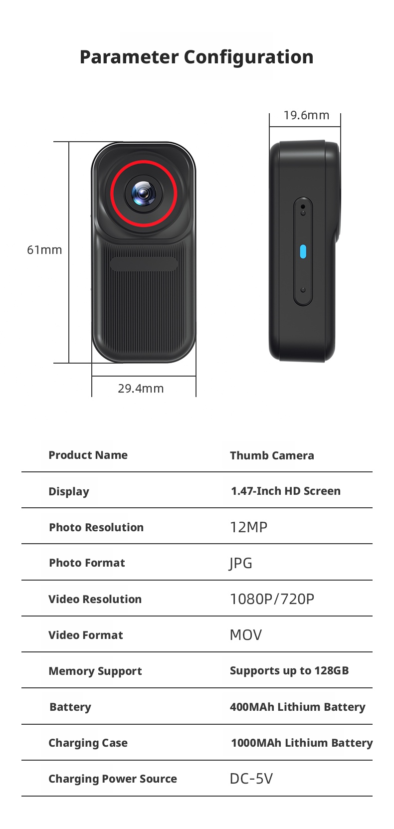 Thumb Camera 170° Wide Angle Mini Action Camera WiFi Pet Camera 120min Battery for Travel Outdoor Hiking Adventure