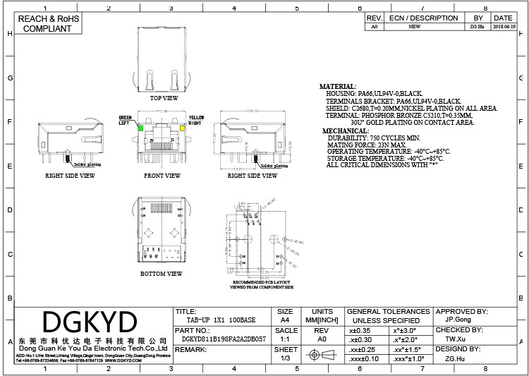 ПЛАТА DGKYD811B198FA2A2DB одиночная гаван ВВЕРХ ПО RJ45 модульному Джек с Tansformer