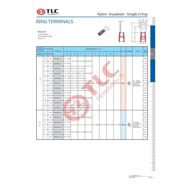 8-50mm2 Insulated Single Barrel Crimped Connectors Ring Type Insulated Cable Lugs