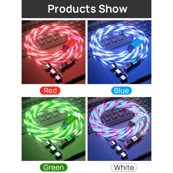Focuses Magnetic USB Charging Cable 3m LED Flowing Luminous Phone Charging Cable