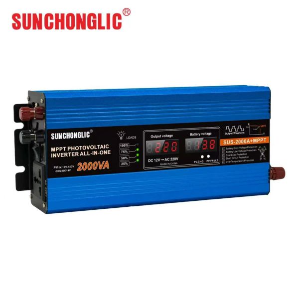 This 2000W MPPT solar charge inverter features a modified sine wave output and converts 12V DC to 220V AC power.