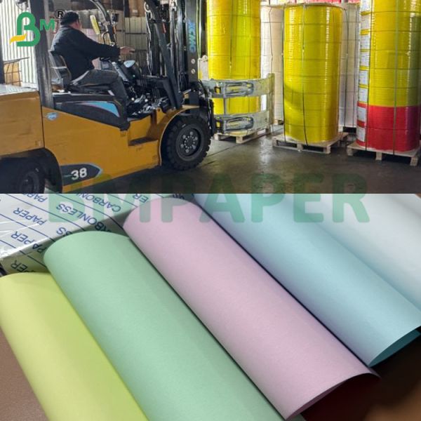 57gsm 60gsm NCR Carbonless Paper Rolls 12inch Rolls, CB White CFB Blue CF Canario