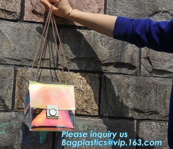 shoulder clear pvc chain hand bag for purses handbags, Metallic Transparent PVC Beach Handbags Shoulder Bags, Chain Cros