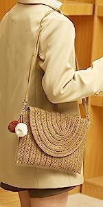 Straw Tote Bag for Women Handwoven Cotton Straw Shoulder Bag Crochet Tassel Beach Bohemian Purse for Women