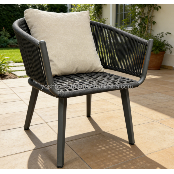 Beige Rope Woven Outdoor Dining Arm Chair with Aluminum Frame for Patio and Garden