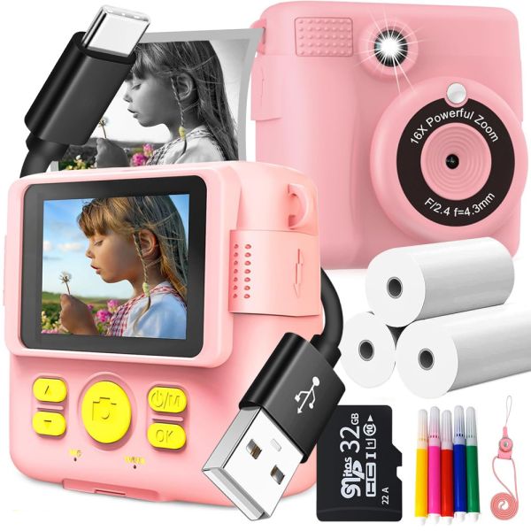 1080P HD Kids Digital Camera 2.4 inch Screen Size Instant Print 32G SD Card 3 Rolls Photo Paper Perfect Birthday Christmas Gifts for 6-12 Boys Girls