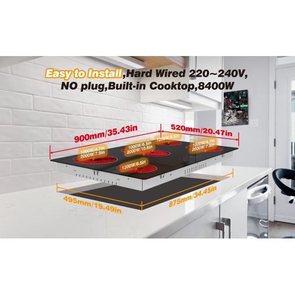 36 Inch 5 Burners Electric Cooktop 8400w Radiant Ceramic Cooktop 220~240v