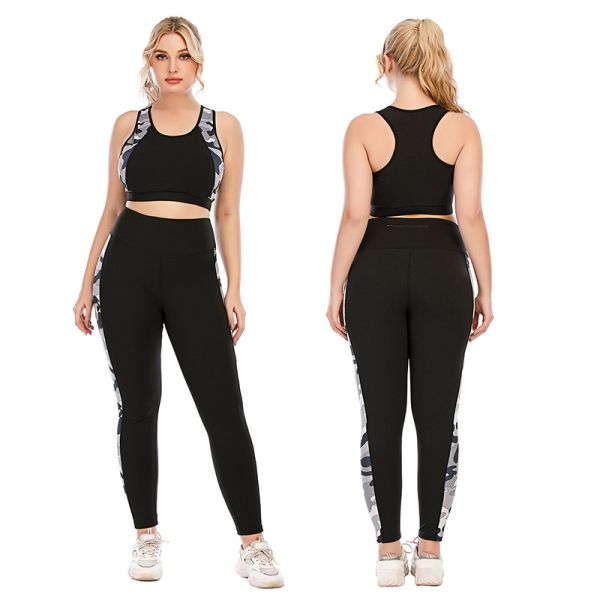 Side Camo Plus Size Yoga Sets Moisture Wicking Sports Bra Top And Tight Leggings