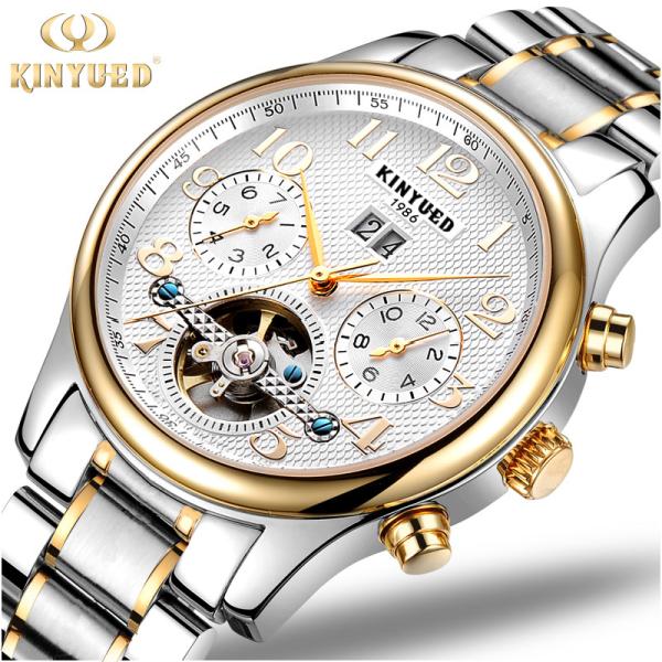 KINYUED  stainless steel automatic mechanical watch for men skeleton water resistant watch