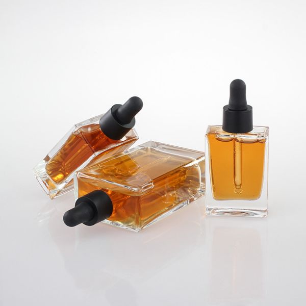Flat Square Rectangle Serum Glass Dropper Bottles 100ml With Black Gold Collar