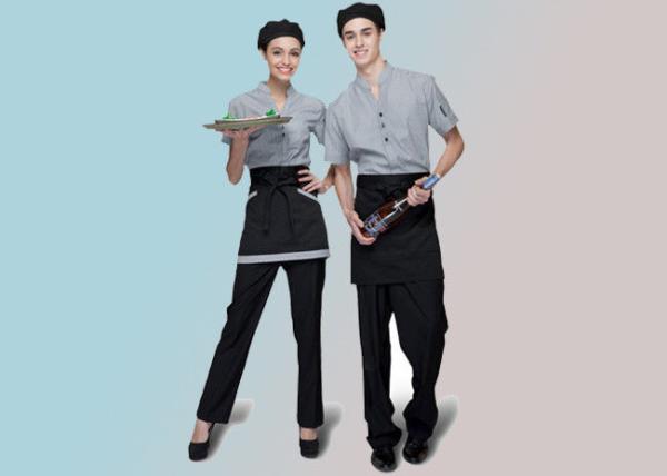 100% Cotton Trendy Restaurant Uniforms Lapel With Bow Tie For Restaurant Staff