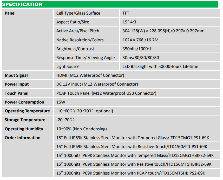 5'' IP69K Stainless Steel Chassis PCAP Touch Monitor Display With AR/AG/AF Protective Glass