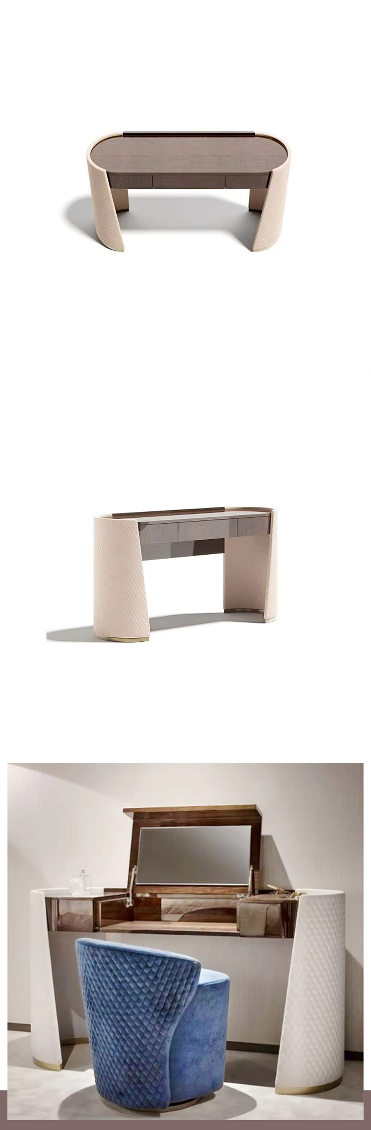 MOYI Luxury Dressing Table Stainless Steel Makeup Table Bedroom Furniture Storage Microfiber Leather Embroidery With Mirror