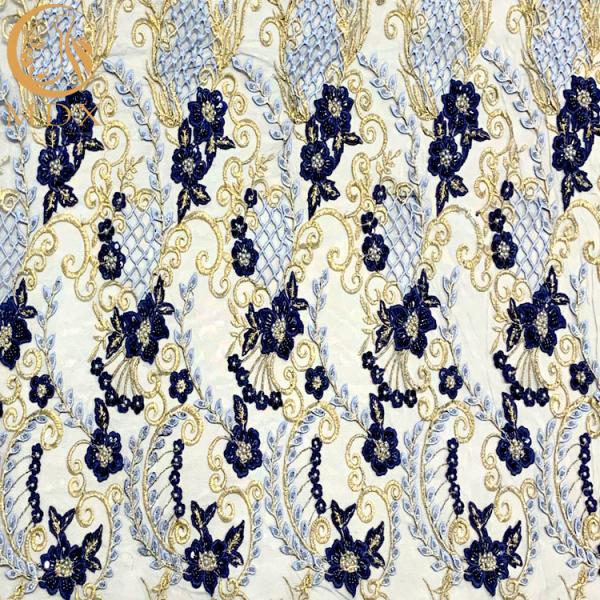 ODM Blue 3D Embroidery Applique Lace Fabric For Fashion Show Dresses