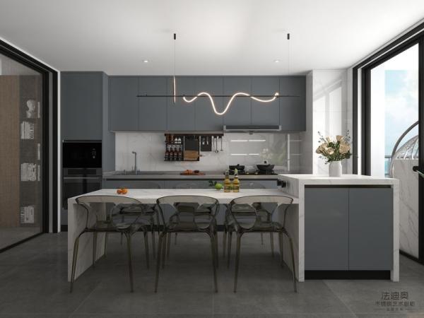 Armoires de cuisine linéaires doubles en acier inoxydable gris-bleu avec stockage de vin et île multifonctionnelle