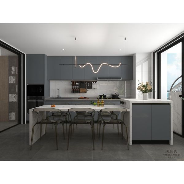 Fadior Gray-Blue Stainless Steel Double Linear Kitchen Cabinets With Wine Storage And Multifunctional Island