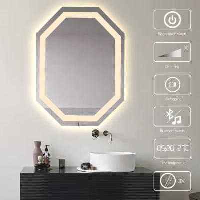 Smart Octagon Bathroom Mirror , LED Illuminated Bathroom Mirror With Digital Time / Temperature Display