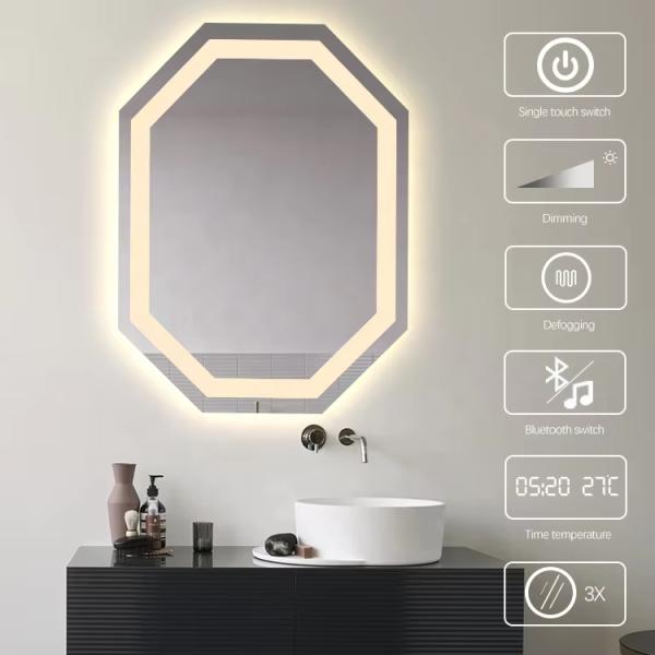 Smart Octagon Bathroom Mirror , LED Illuminated Bathroom Mirror With Digital Time / Temperature Display